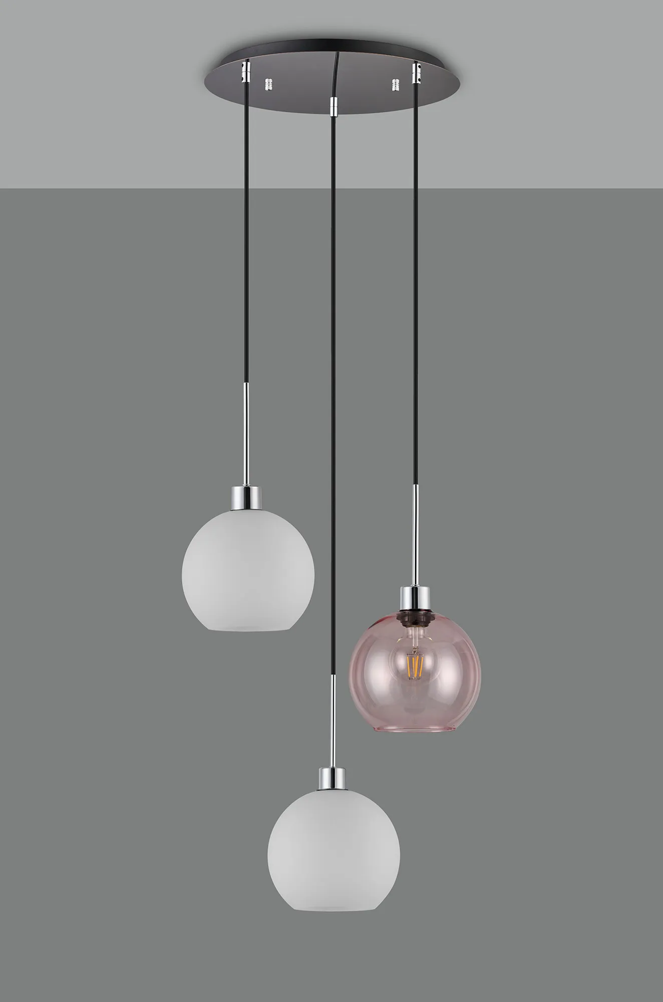 Lori 40cm Round Pendant, 3 Light Adjustable E27, Polished Chrome/Opal/Pink Open Mouth Round Globe Shades DK1275  Deco Lori Polished Chrome